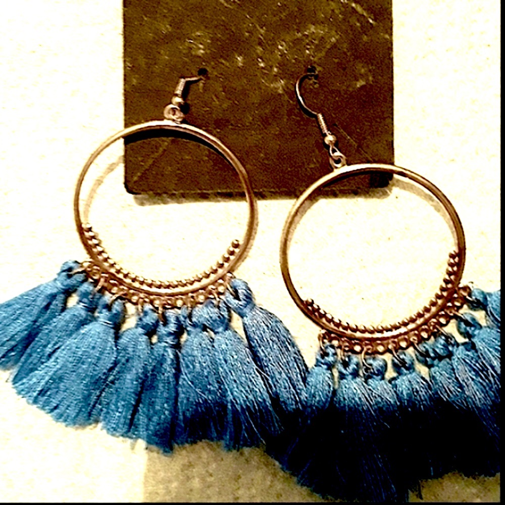 Fringe Hoop Earrings Gold Brass color dangle Blue Fringe Hoops on Earwires NEW